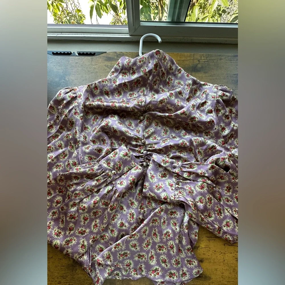ZARA Gathered Floral Turtleneck Blouse Purple Lavender